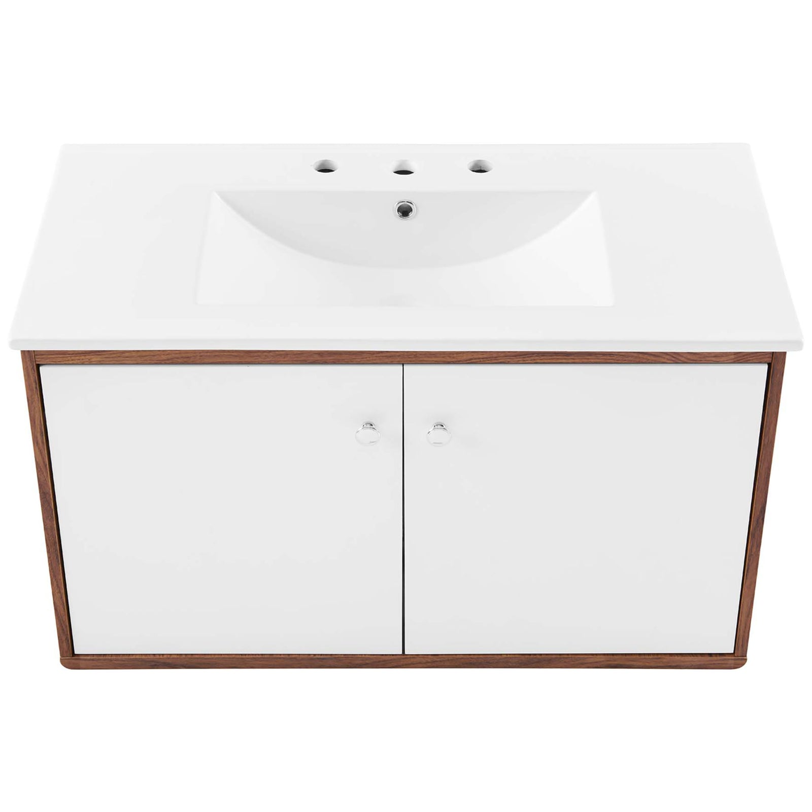 Broad ceramic sink with 3-hole, 8-inch widespread spacing for versatile faucet choices. || EEI-4434-WAL-WHI || top_studio