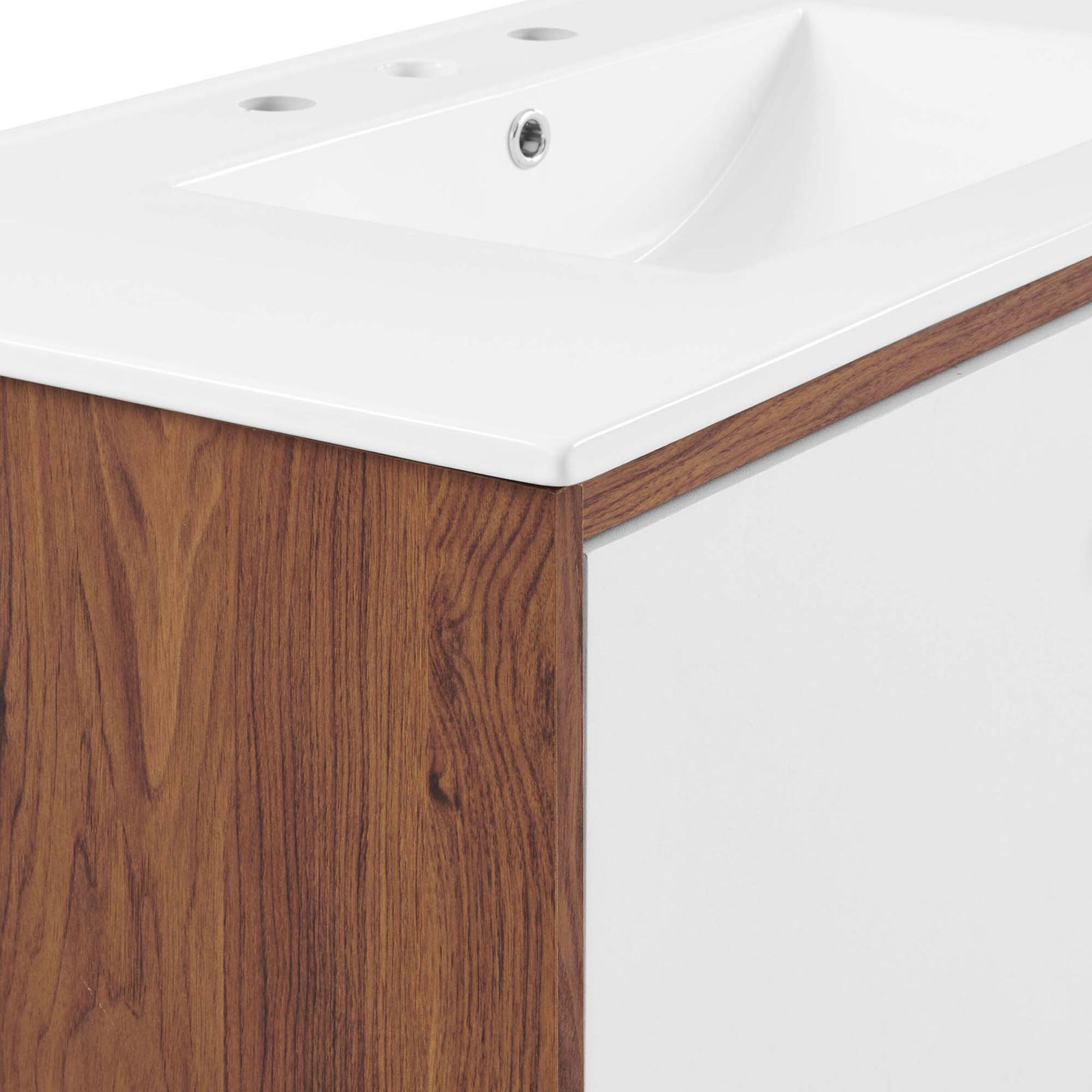 Walnut grain frame outlines smooth white doors for a bold, mid-century contrast. || EEI-4434-WAL-WHI || detail_studio