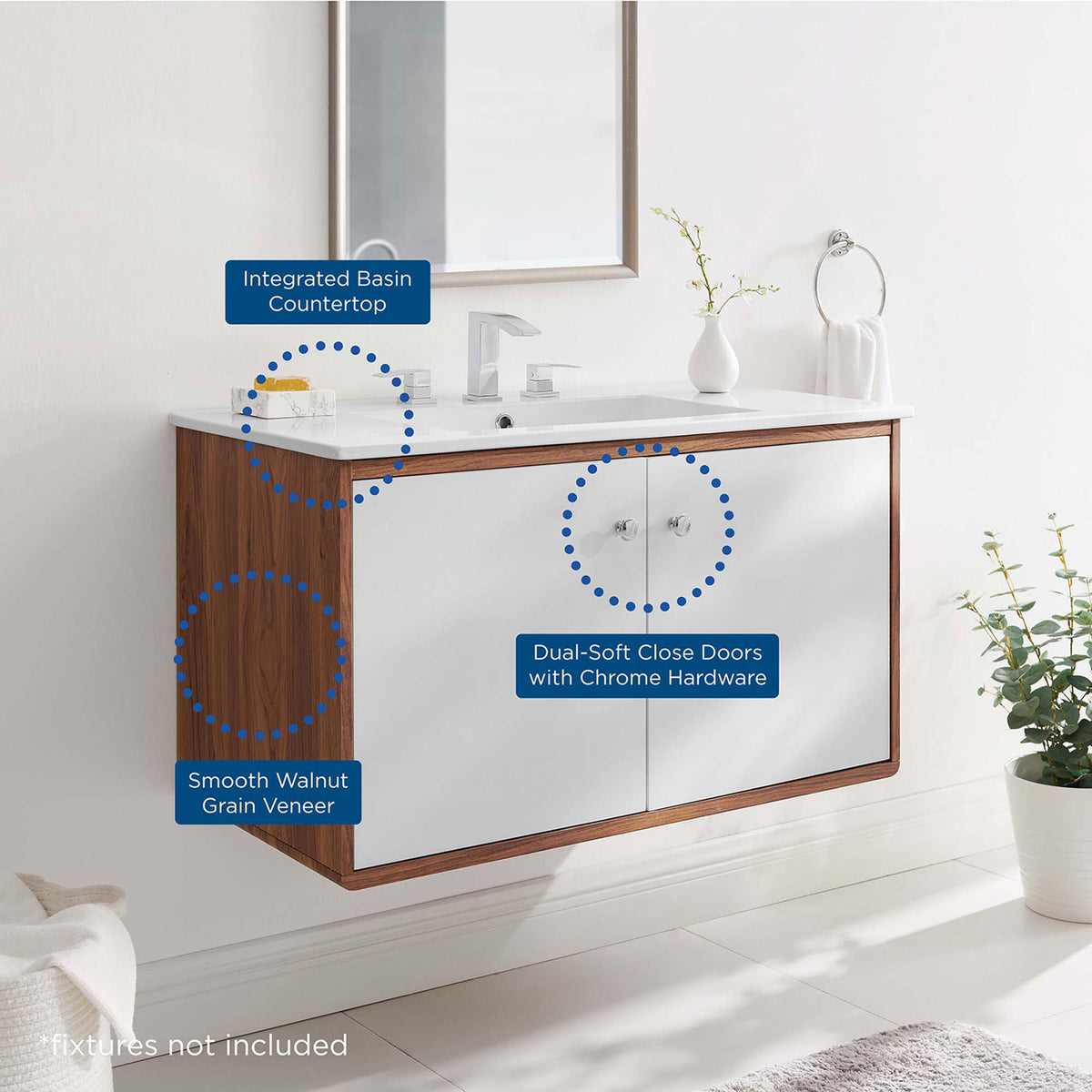 Floating installation creates an airy feel and a clean, uncluttered bathroom look. || EEI-4434-WAL-WHI || callout_room