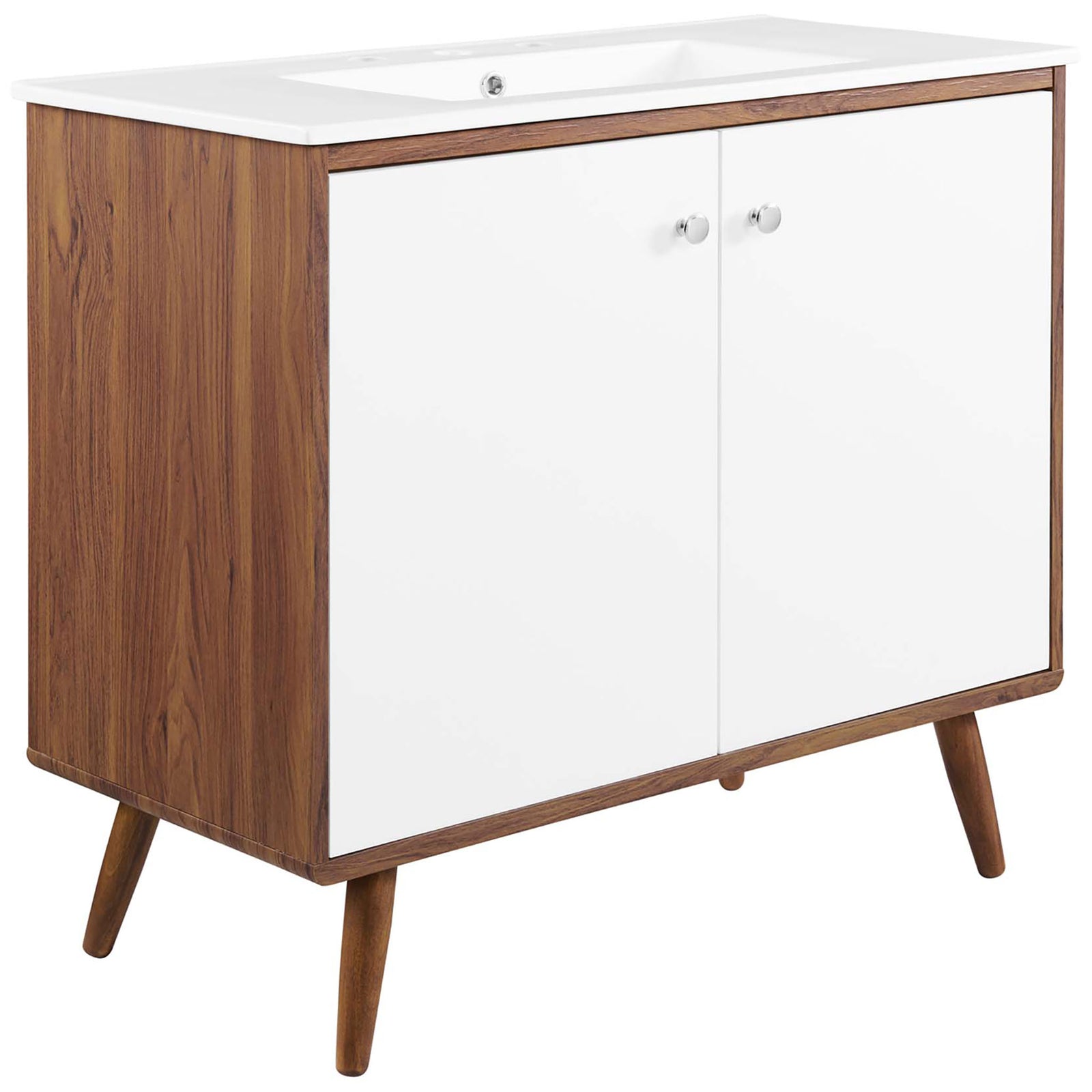 Walnut and white 36-inch vanity with splayed legs, dual doors, and an integrated ceramic basin. || EEI-4435-WAL-WHI || front_angle_studio