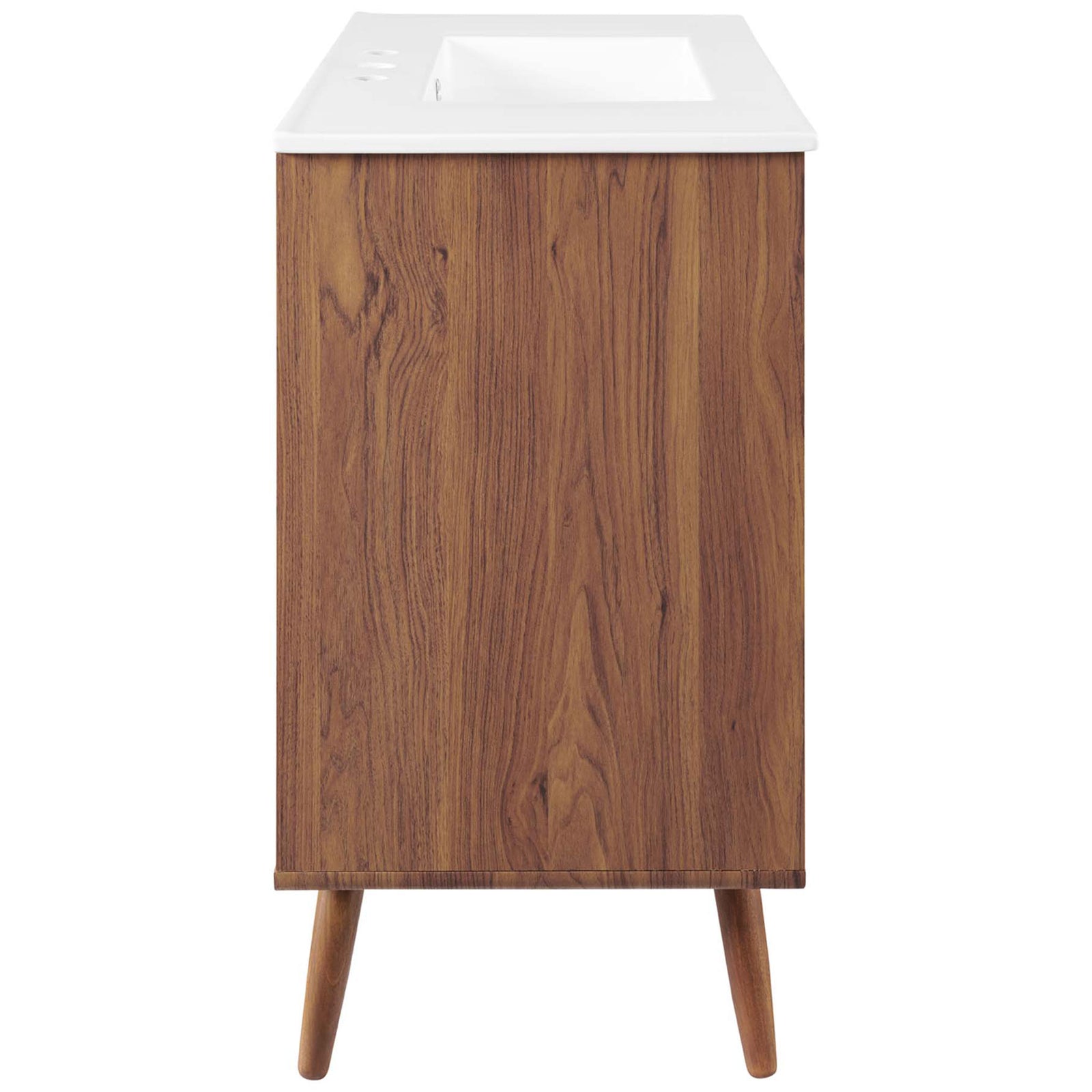 Walnut grain side panel emphasizes the clean, mid-century design. || EEI-4435-WAL-WHI || side_studio