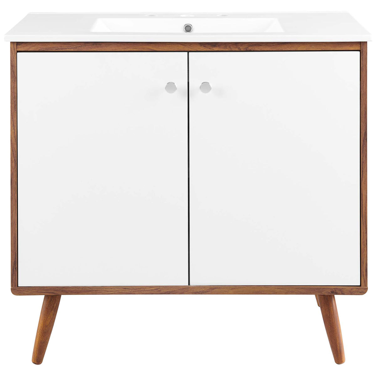 Wide dual doors with chrome knobs below a rectangular ceramic sink. || EEI-4435-WAL-WHI || front_studio