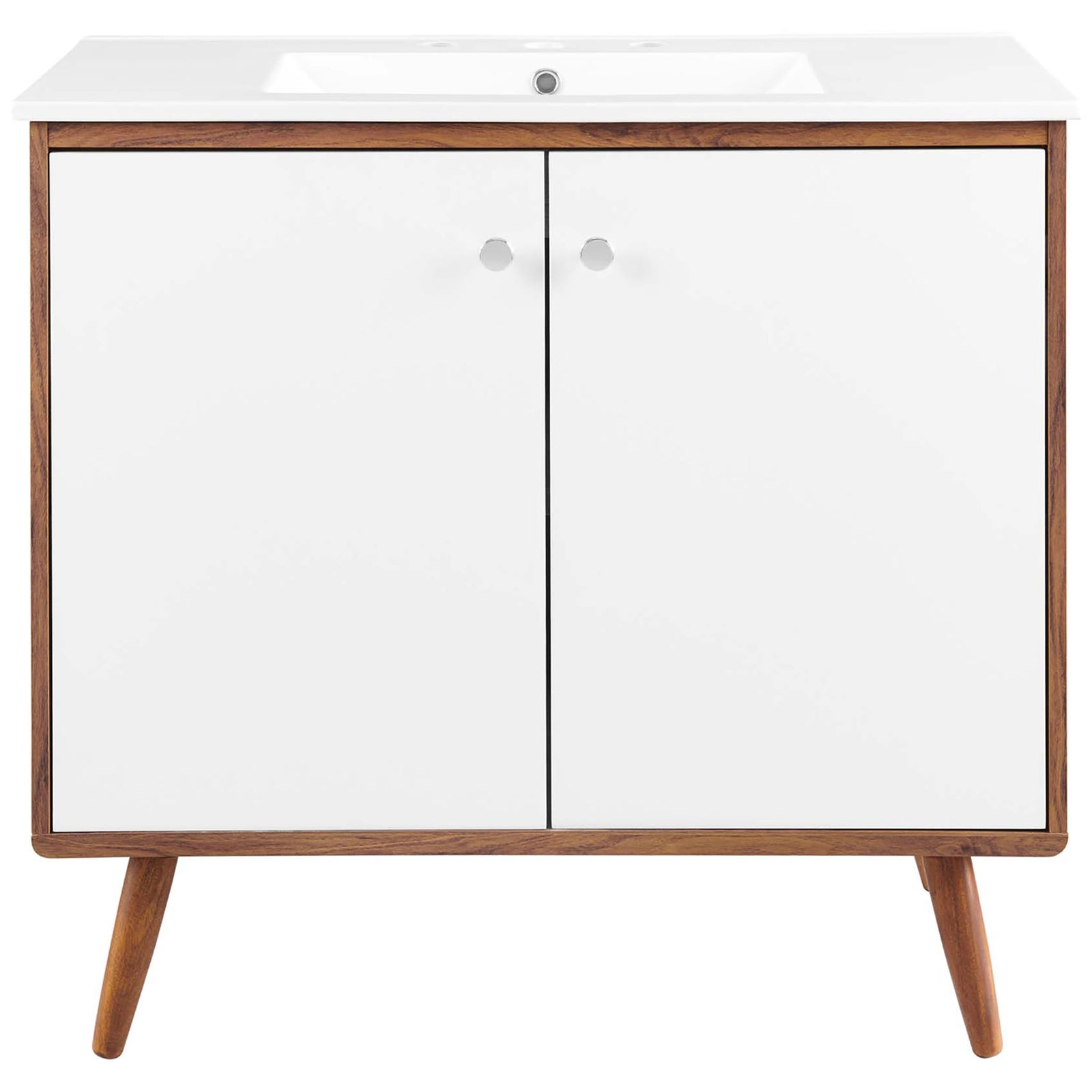 Wide dual doors with chrome knobs below a rectangular ceramic sink. || EEI-4435-WAL-WHI || front_studio