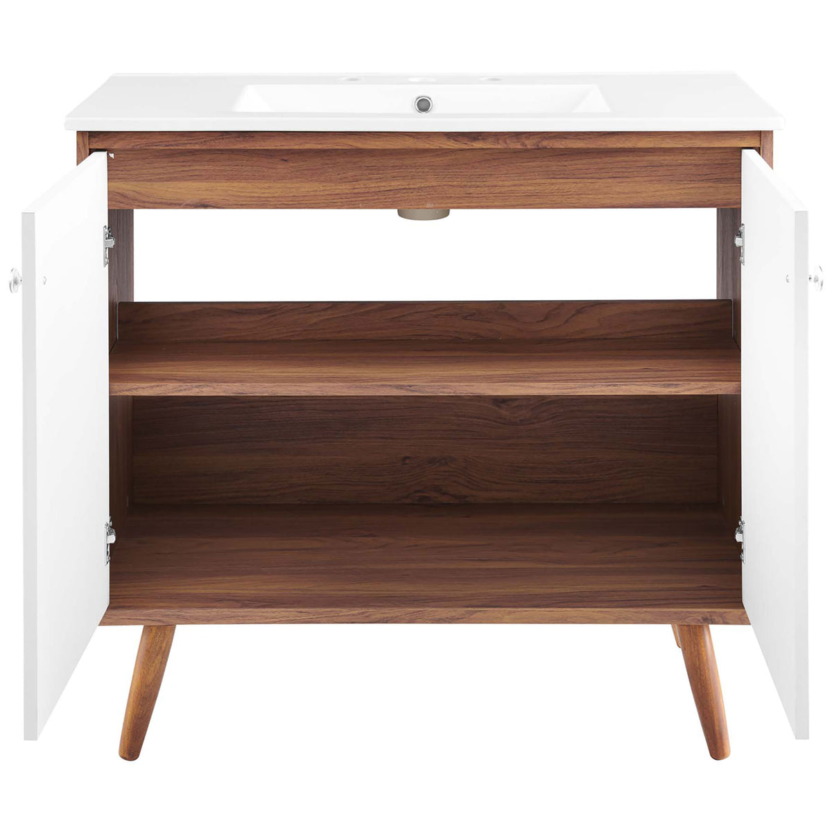 Generous interior storage with shelf behind soft-close doors keeps clutter out of sight. || EEI-4435-WAL-WHI || front_open_studio