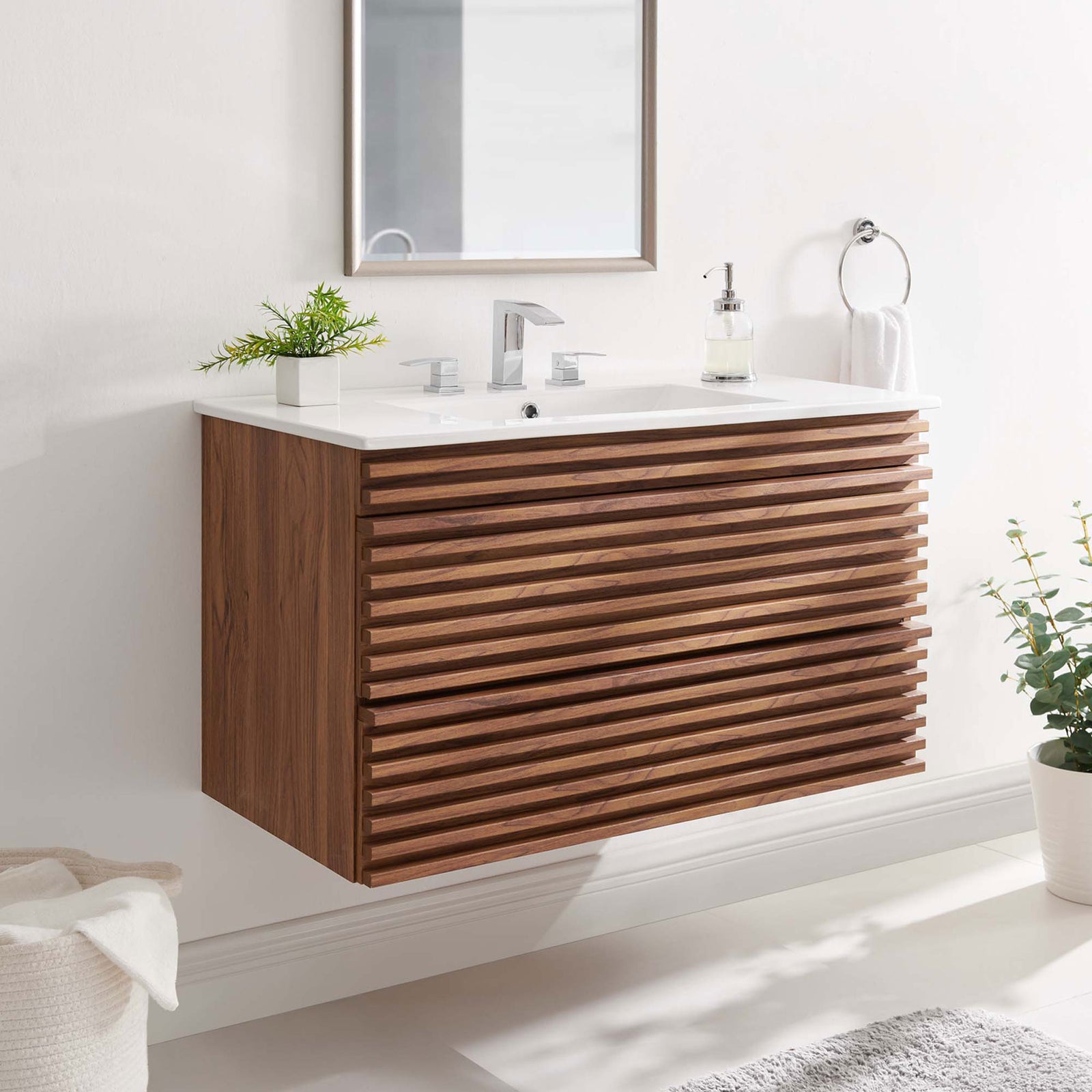 Floating 36-inch vanity brings modern warmth with walnut slats and a bright ceramic top. || EEI-4436-WAL-WHI || front_angle_room