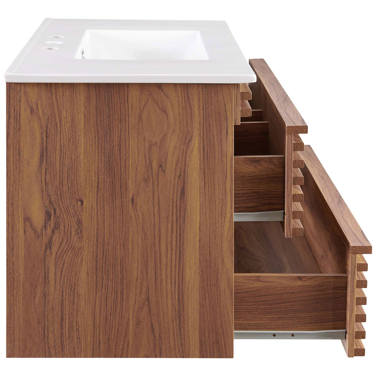 Two full-extension drawers open wide for easy access and ample storage in the 36-inch vanity. || EEI-4436-WAL-WHI || side_open_studio