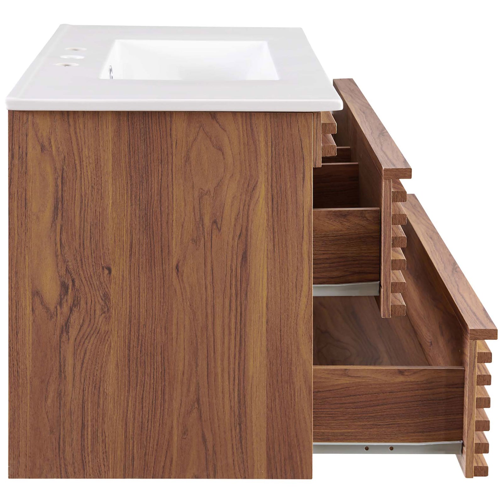 Two full-extension drawers open wide for easy access and ample storage in the 36-inch vanity. || EEI-4436-WAL-WHI || side_open_studio