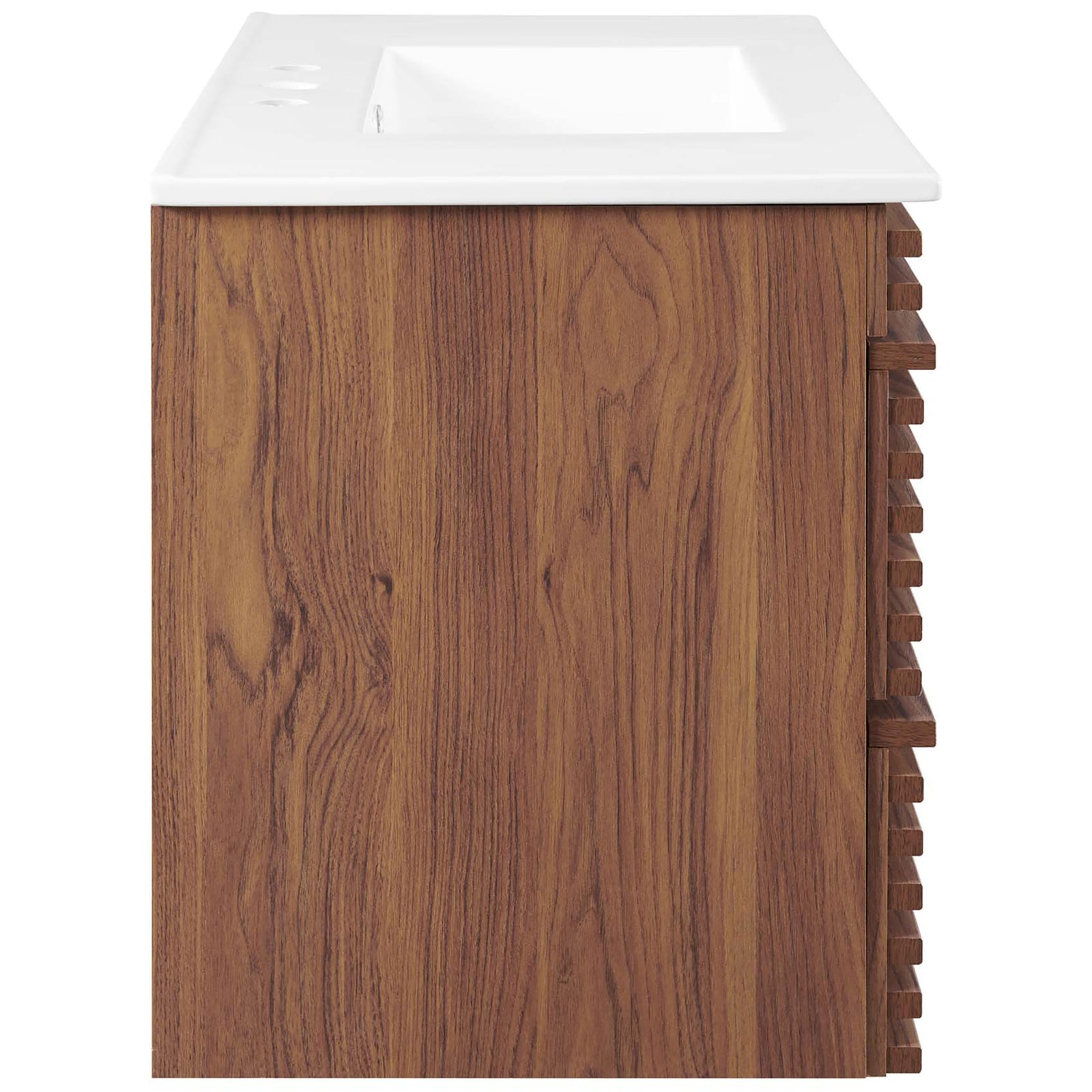 Clean side profile showcases the rich walnut grain and slim, integrated ceramic countertop on the 36-inch vanity. || EEI-4436-WAL-WHI || side_studio