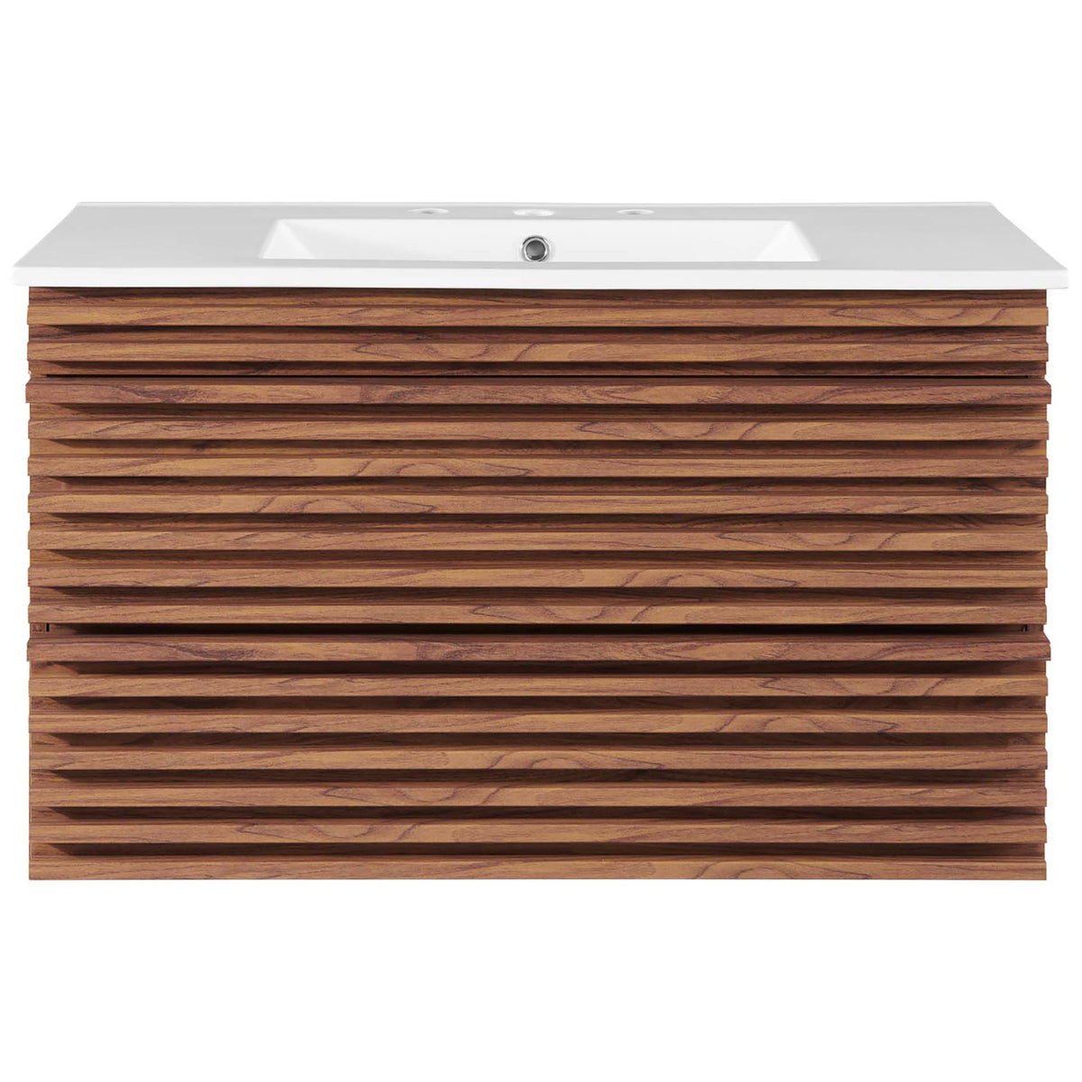 Mid-century 36-inch wall-mounted vanity with slatted walnut front and integrated ceramic sink. || EEI-4436-WAL-WHI || front_studio