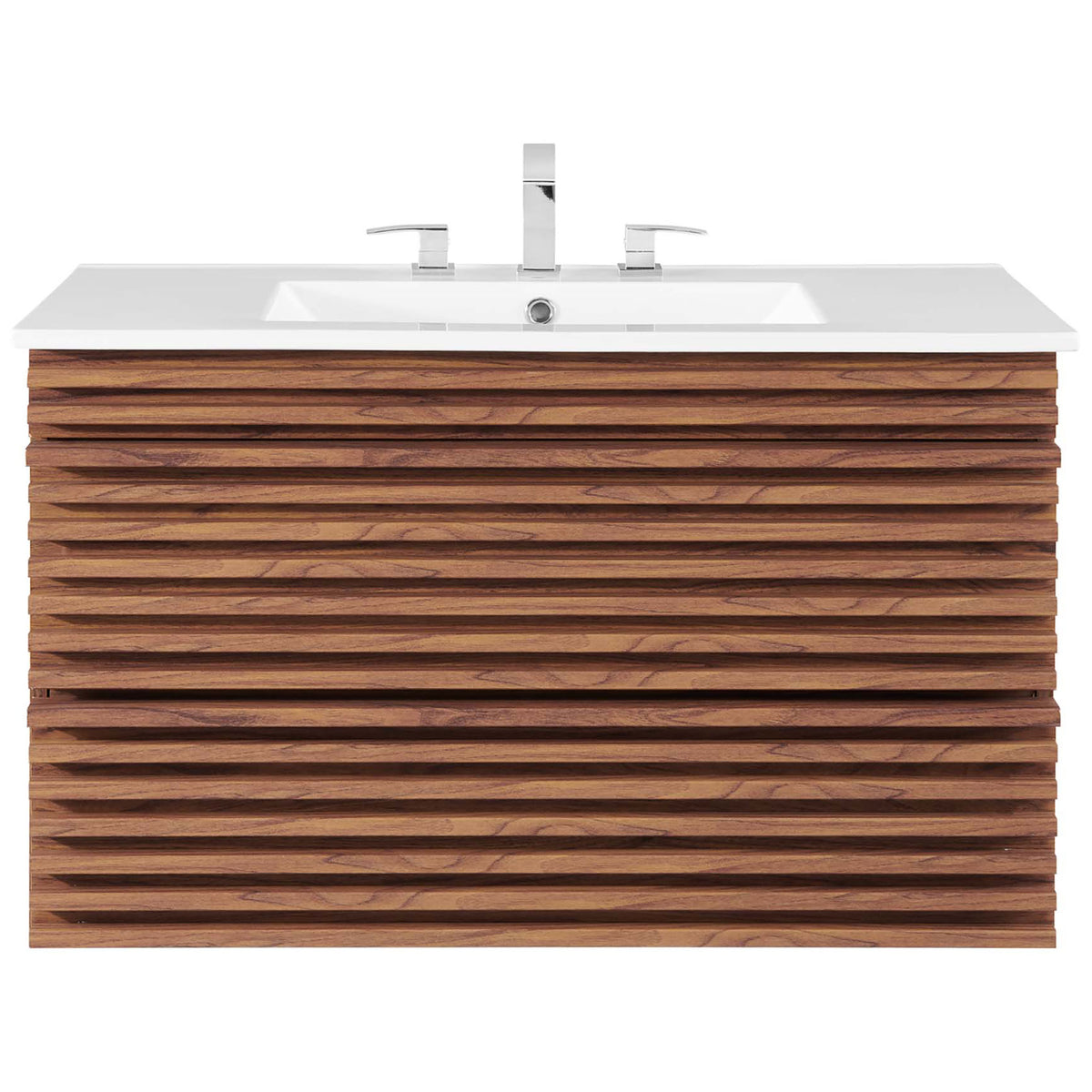 36-inch floating vanity with walnut slat facade and crisp white ceramic top, faucet shown. || EEI-4436-WAL-WHI || front_studio