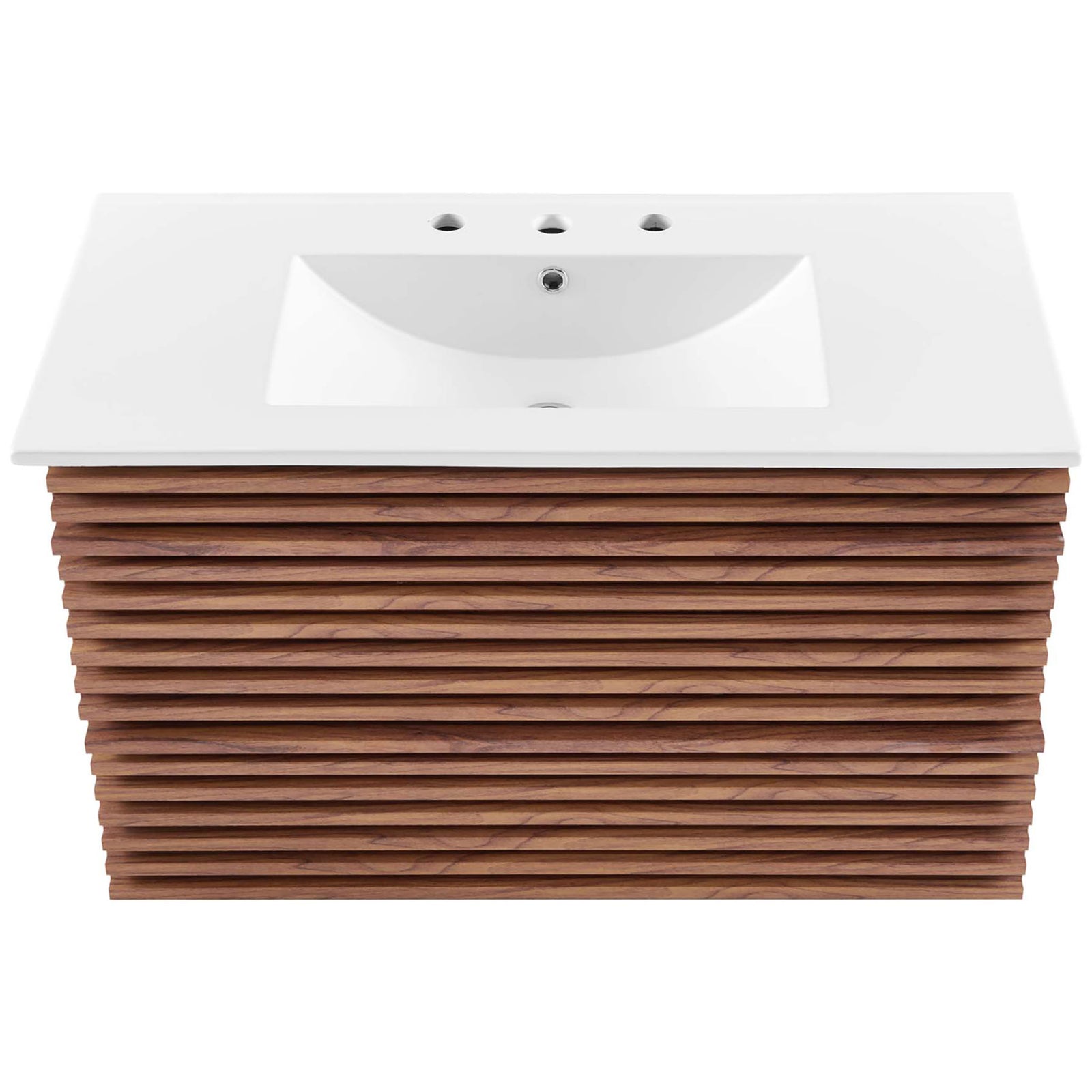 Spacious rectangular ceramic basin with 8-inch widespread holes tops the 36-inch walnut vanity. || EEI-4436-WAL-WHI || top_studio