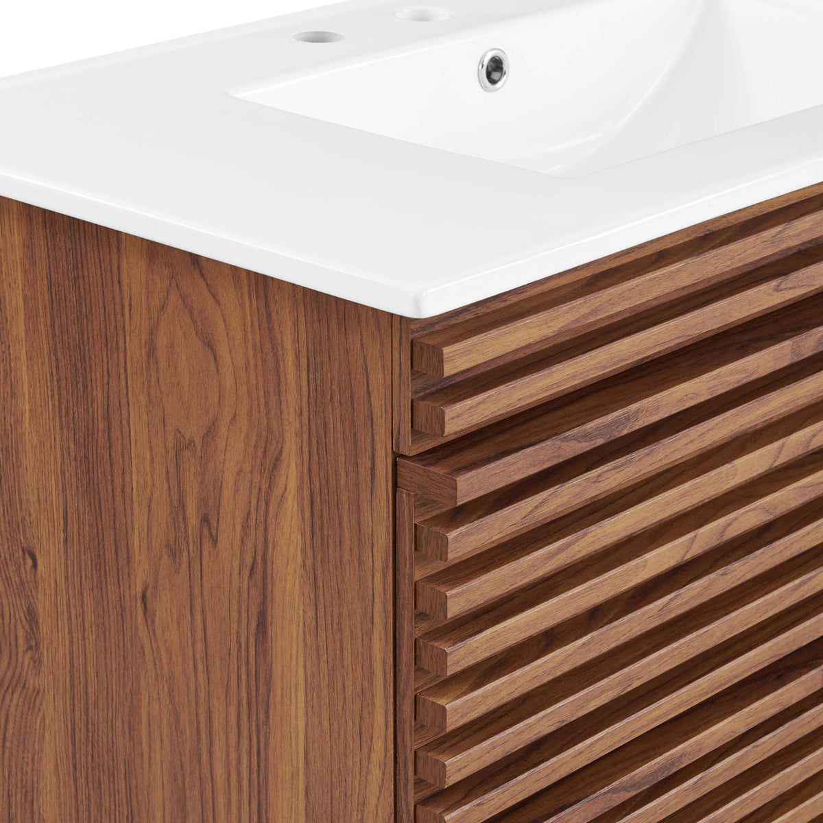 Refined slatted detailing and warm walnut wood grain deliver timeless mid-century character. || EEI-4436-WAL-WHI || detail_studio