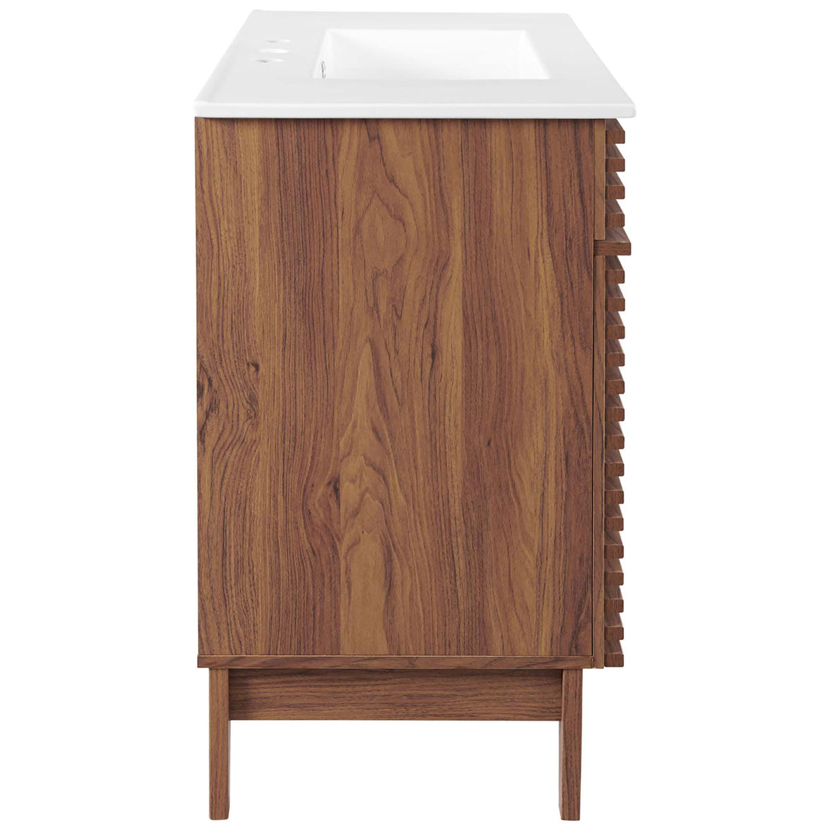 Smooth side profile shows clean walnut laminate and sturdy raised base. || EEI-4437-WAL-WHI || side_studio