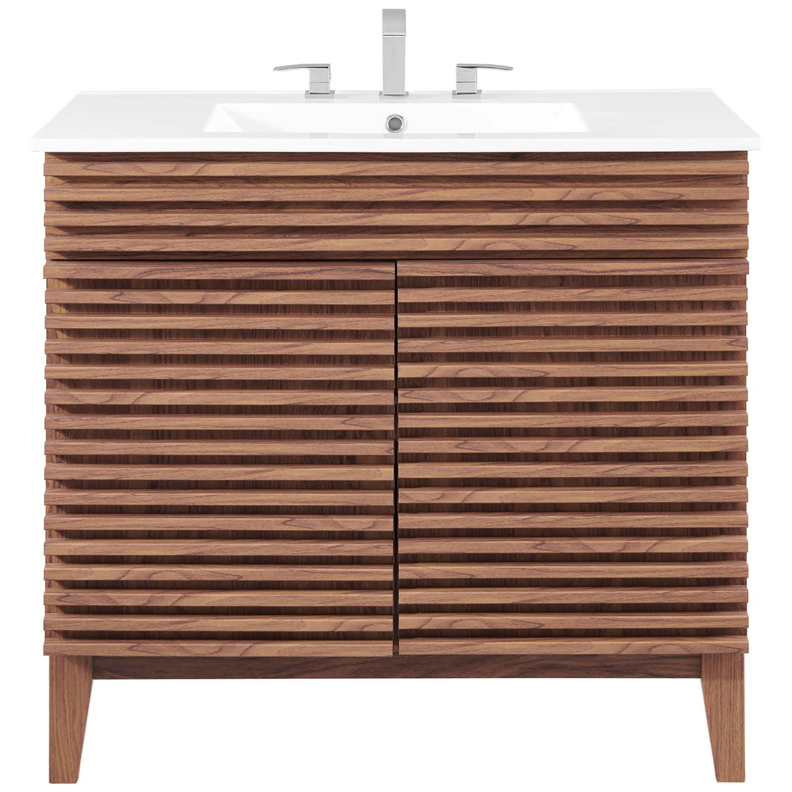 Sleek vanity highlights its ribbed facade and bright integrated top with 8-inch widespread setup. || EEI-4437-WAL-WHI || front_studio