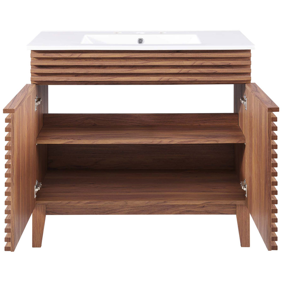 Roomy interior with adjustable shelf and soft-close hinges for tidy organization. || EEI-4437-WAL-WHI || front_open_studio
