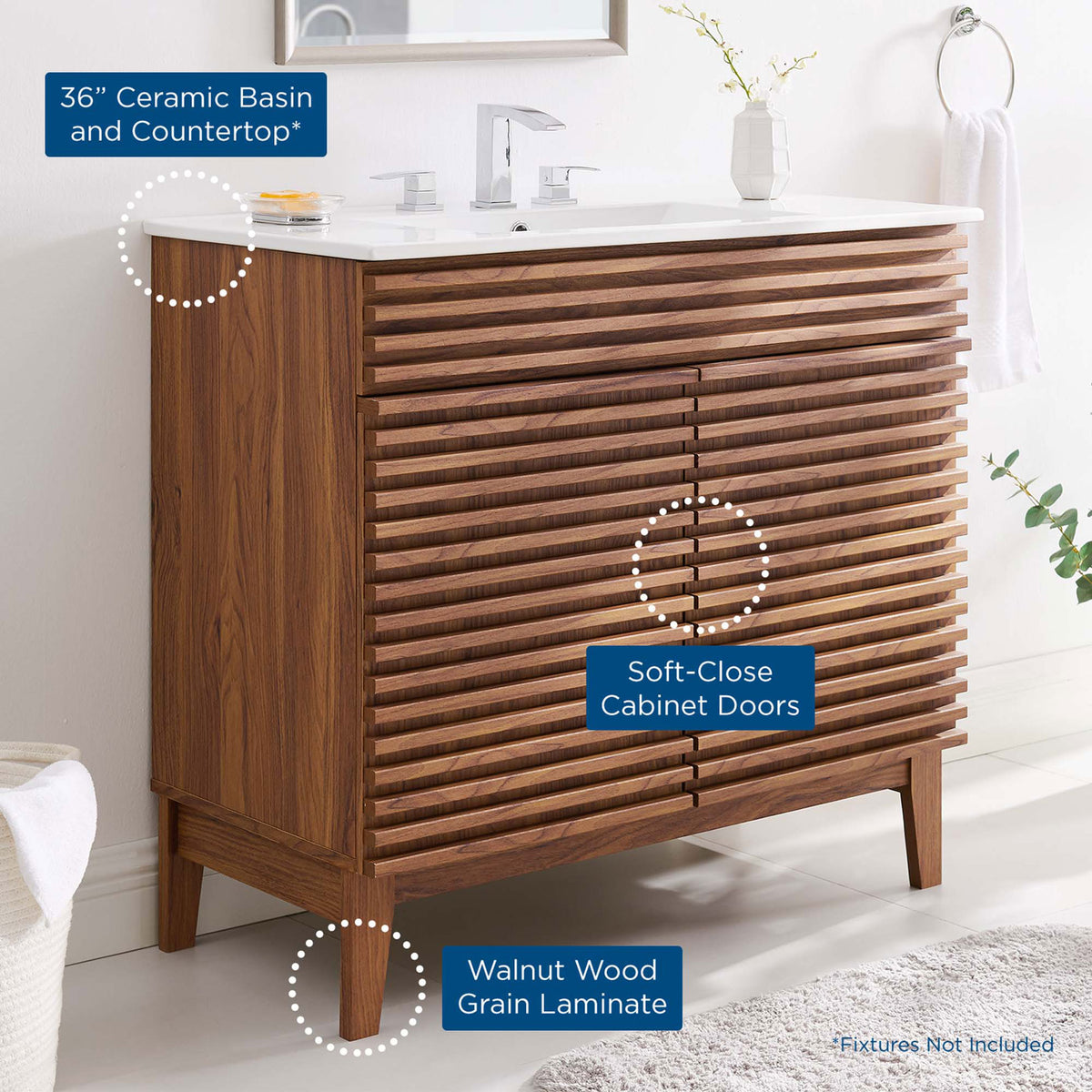 Highlighted features: ceramic basin, soft-close doors, and walnut wood grain laminate. || EEI-4437-WAL-WHI || callout_room