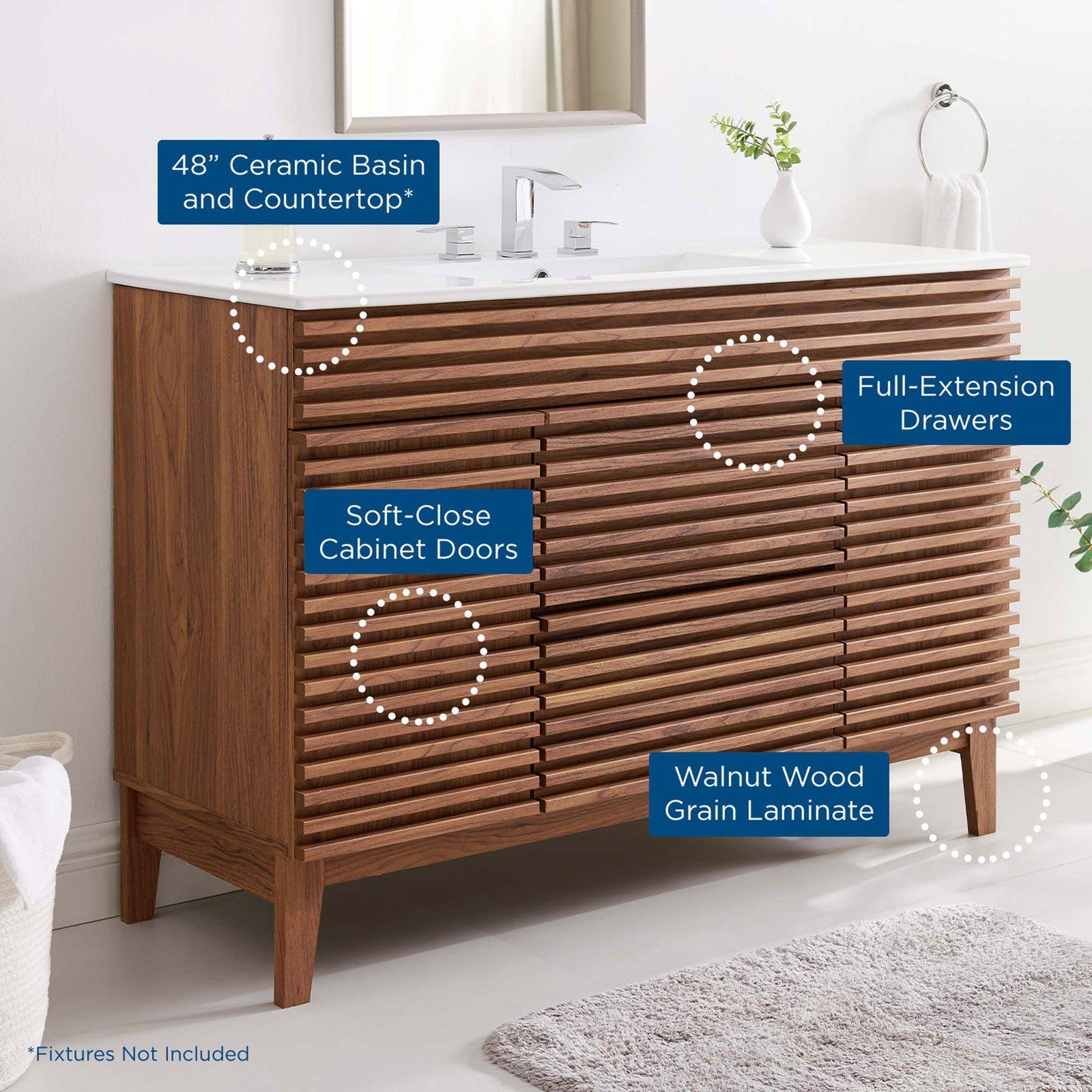 Ceramic basin, full-extension drawers, soft-close doors, and walnut grain laminate elevate everyday use. || EEI-4439-WAL-WHI || callout_room