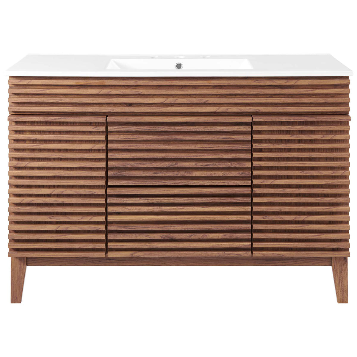 Sleek slatted walnut vanity with centered drawers, soft-close doors, and integrated rectangular sink. || EEI-4439-WAL-WHI || front_studio
