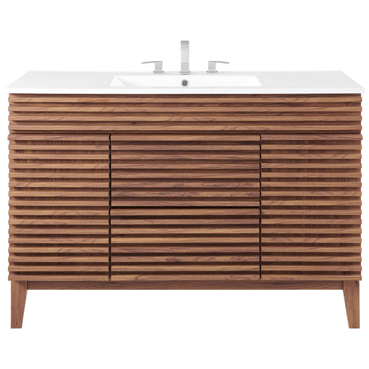 White ceramic countertop with rectangular basin crowns the slatted walnut vanity for a crisp modern finish. || EEI-4439-WAL-WHI || front_studio