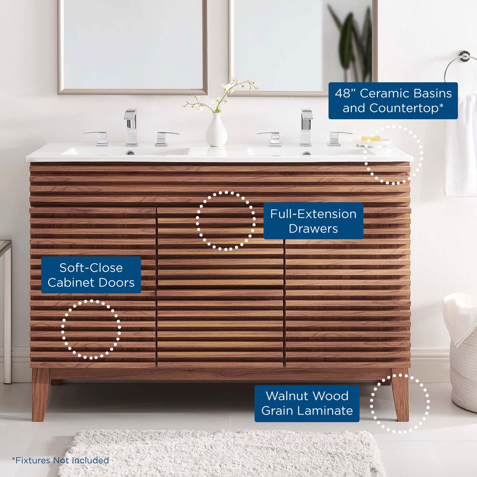 Ceramic countertop, soft-close doors, full-extension drawers, and walnut laminate stand out || EEI-4441-WAL-WHI || callout_room