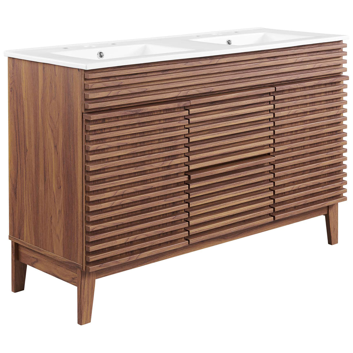 Walnut wood-grain double vanity with integrated white top and mid-century slatted front || EEI-4441-WAL-WHI || front_angle_studio