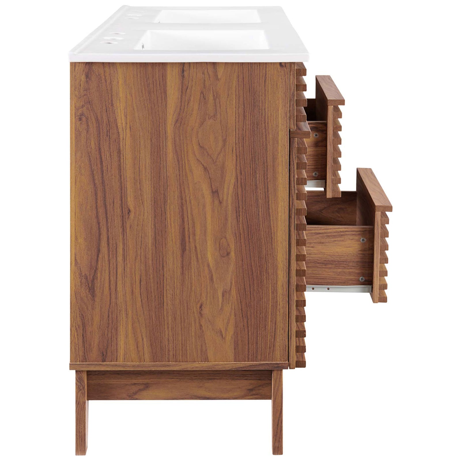 Smooth-glide drawers reveal roomy storage for bath essentials || EEI-4441-WAL-WHI || side_open_studio