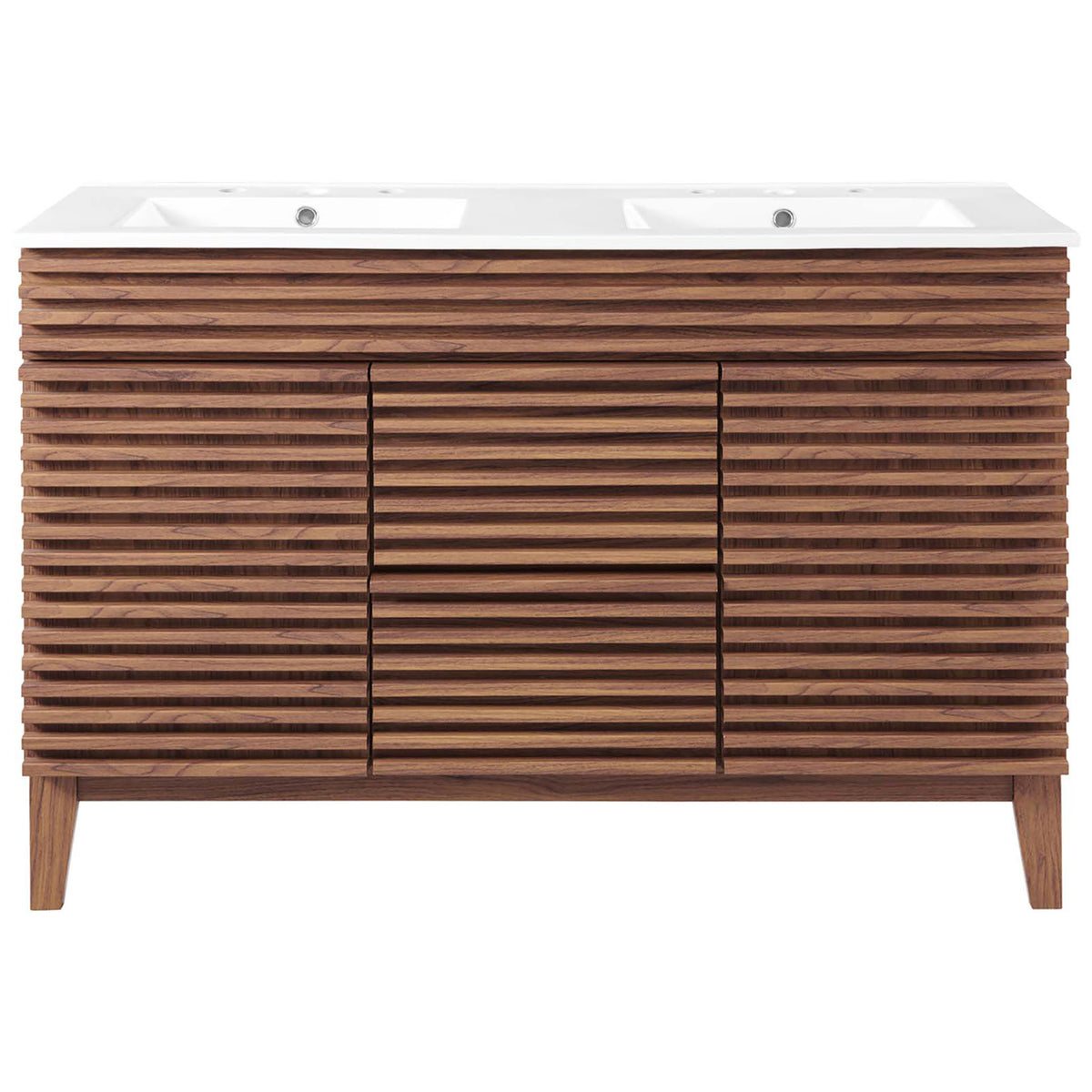 Striking slatted facade pairs with a seamless double ceramic top for modern appeal || EEI-4441-WAL-WHI || front_studio