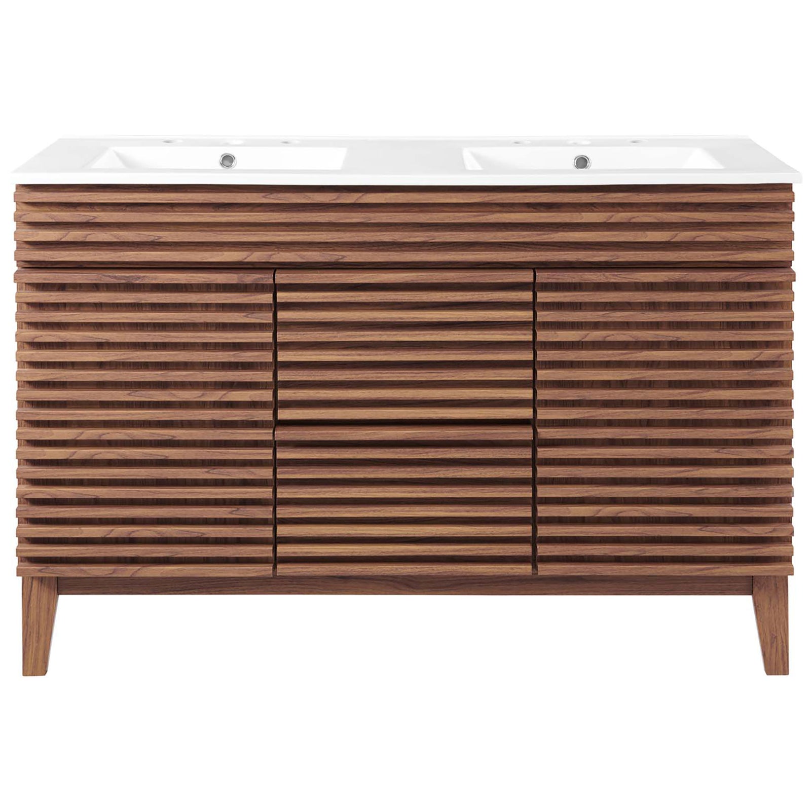 Striking slatted facade pairs with a seamless double ceramic top for modern appeal || EEI-4441-WAL-WHI || front_studio