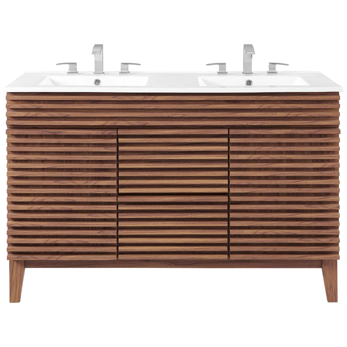 Faucet-ready double basins crown the slatted walnut cabinet for a refined, contemporary look || EEI-4441-WAL-WHI || front_studio