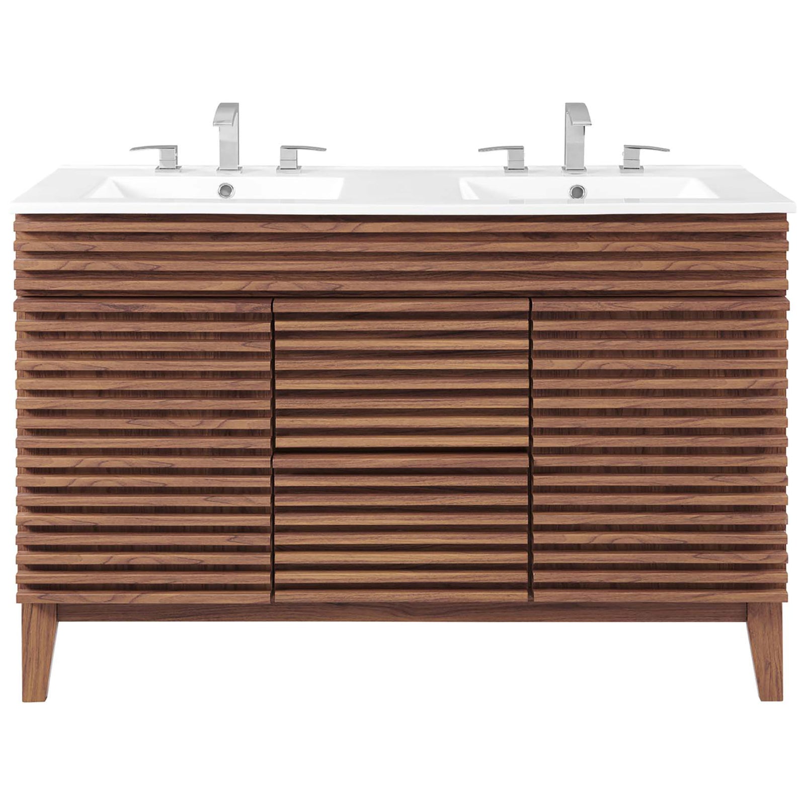 Faucet-ready double basins crown the slatted walnut cabinet for a refined, contemporary look || EEI-4441-WAL-WHI || front_studio