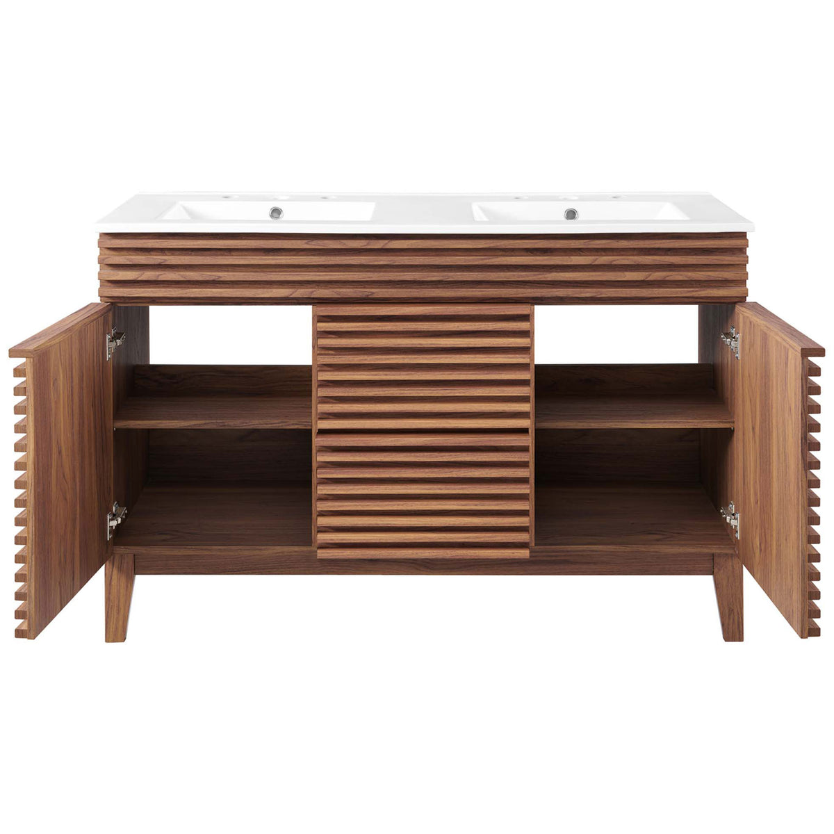 Soft-close doors open to roomy shelves and twin drawers for organized storage || EEI-4441-WAL-WHI || front_open_studio