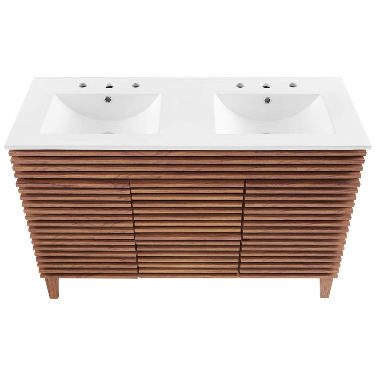 Rectangular double basins with 8-inch widespread drillings on a glossy white countertop || EEI-4441-WAL-WHI || top_studio
