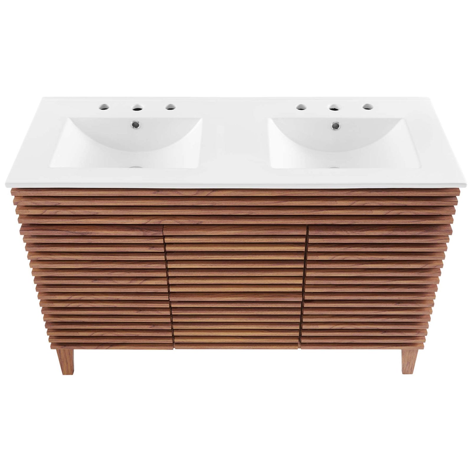 Rectangular double basins with 8-inch widespread drillings on a glossy white countertop || EEI-4441-WAL-WHI || top_studio