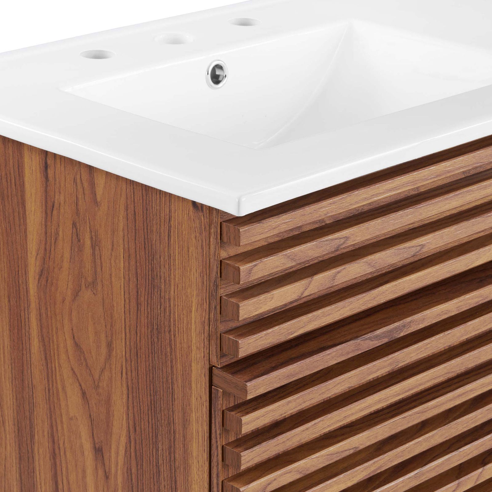 Crisp edge detail meets rich walnut grain and grooved drawer design || EEI-4441-WAL-WHI || detail_studio