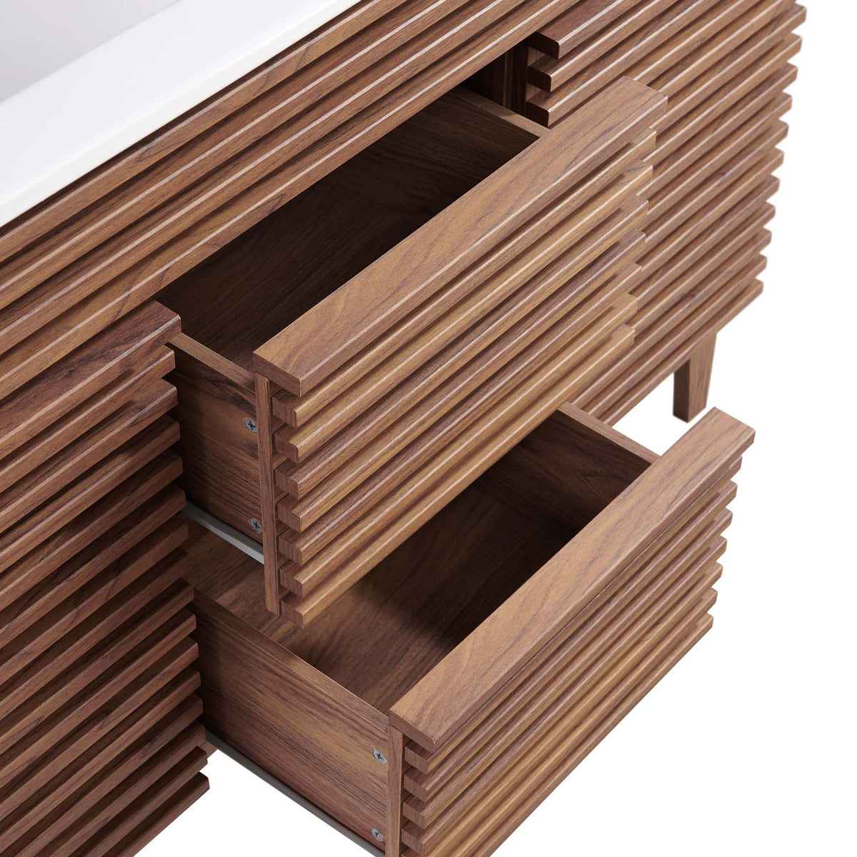 Full-extension drawers with textured slat fronts keep toiletries within easy reach || EEI-4441-WAL-WHI || storage_open_studio