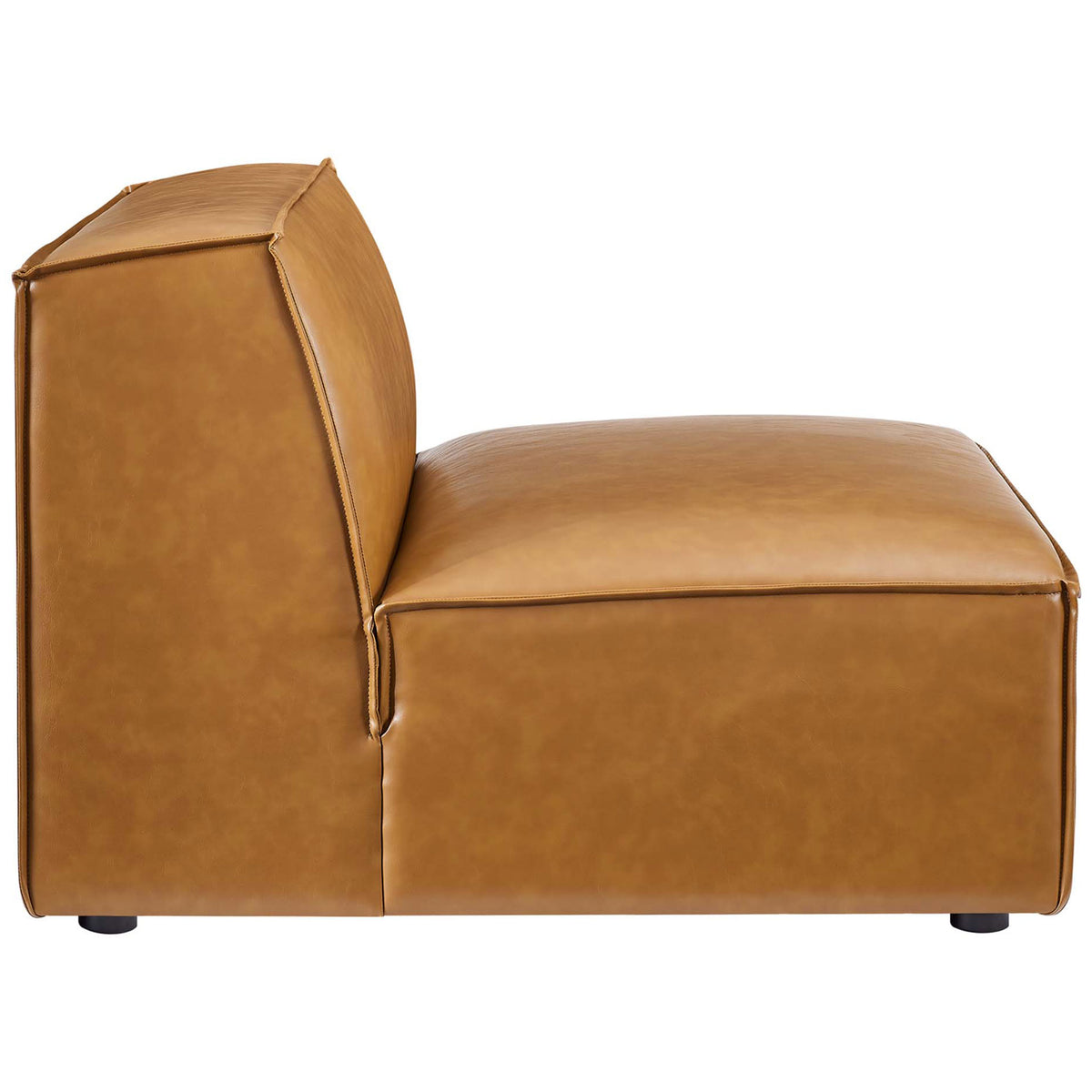 Low-profile silhouette shows plush seat contours and smooth vegan leather upholstery in warm tan. || EEI-4495-TAN || side_studio