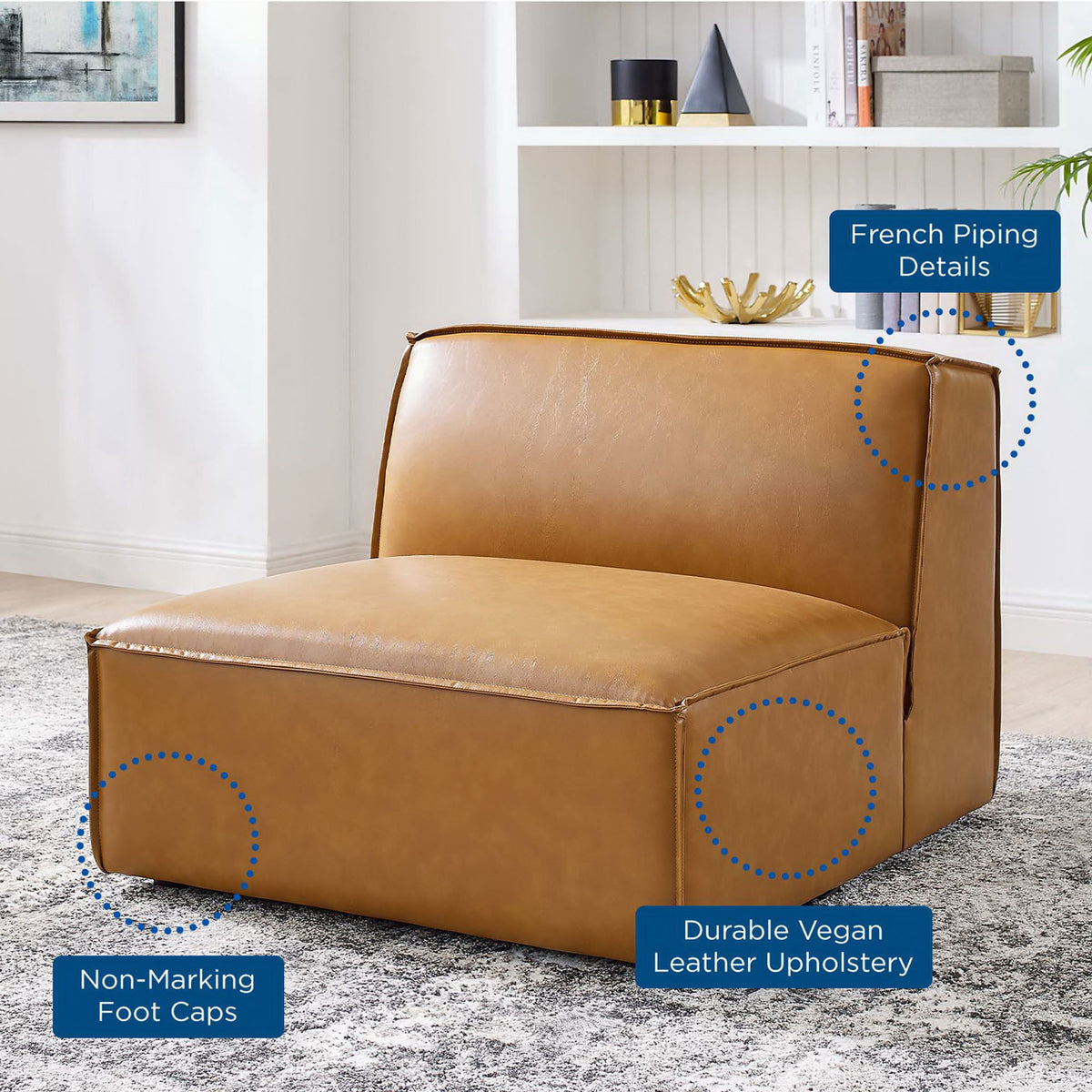 Highlighted features include French piping, durable vegan leather, and non-marking foot caps. || EEI-4495-TAN || callout_room