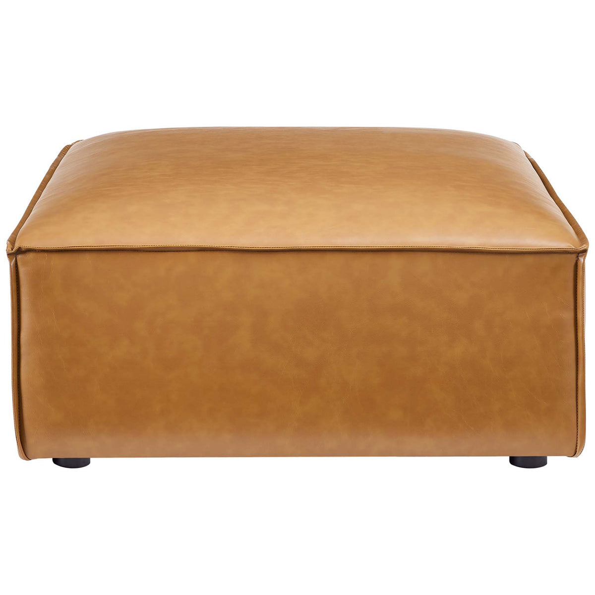 Low-profile tan vegan leather ottoman with generous seating surface and subtle tonal marbling || EEI-4496-TAN || front_studio