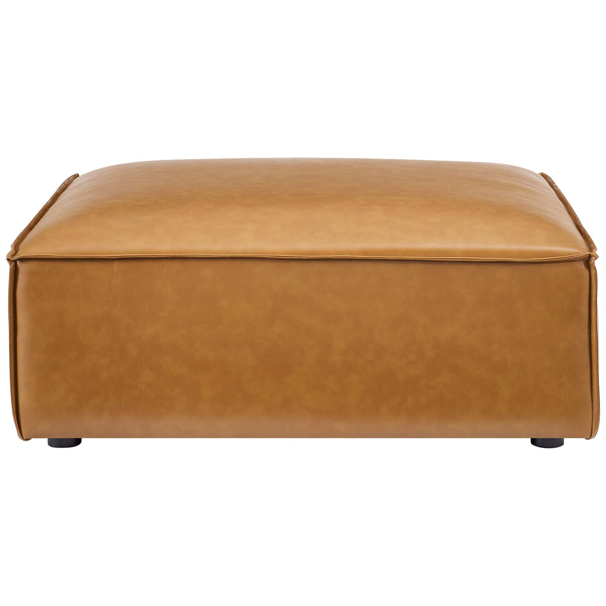 Clean-lined tan vegan leather ottoman showcasing smooth upholstery and neatly finished seams || EEI-4496-TAN || back_studio