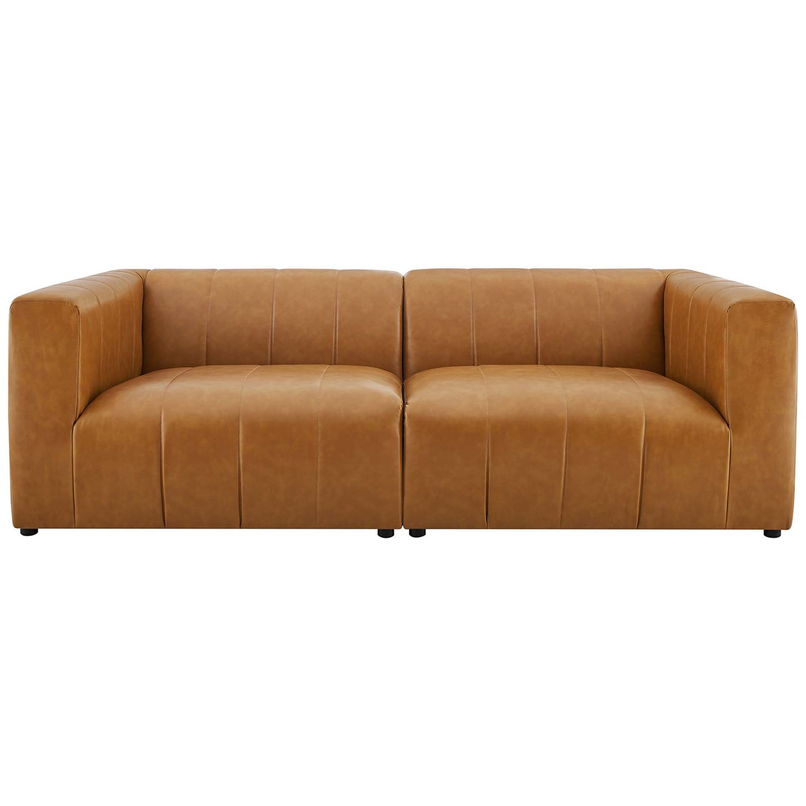 Tan vegan leather two piece loveseat with deep channel tufting and low profile track arms || EEI-4513-TAN || front_studio