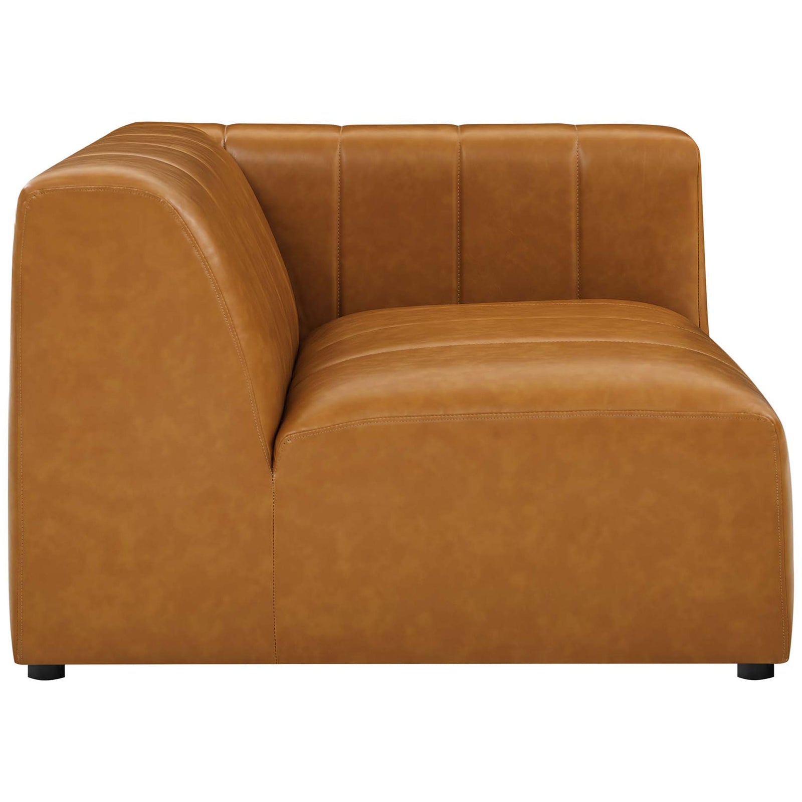 Tan vegan leather modular seat highlighting plush cushioning and softly curved back || EEI-4513-TAN || side_partial_studio