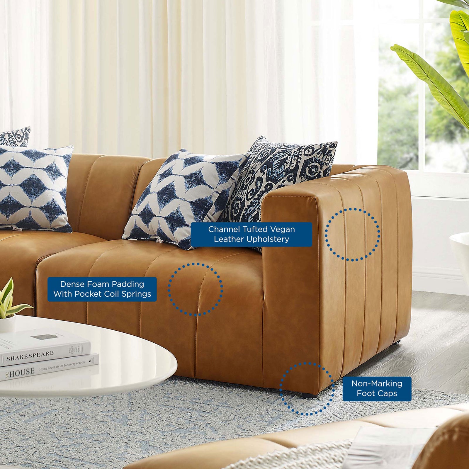 Tan vegan leather loveseat in a bright living room with callouts for comfort and durable details || EEI-4513-TAN || callout_room