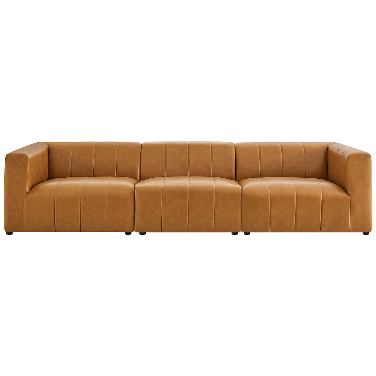 Tan vegan leather 3-piece modular sofa with channel tufting and deep cushions for relaxed lounging || EEI-4515-TAN || front_studio