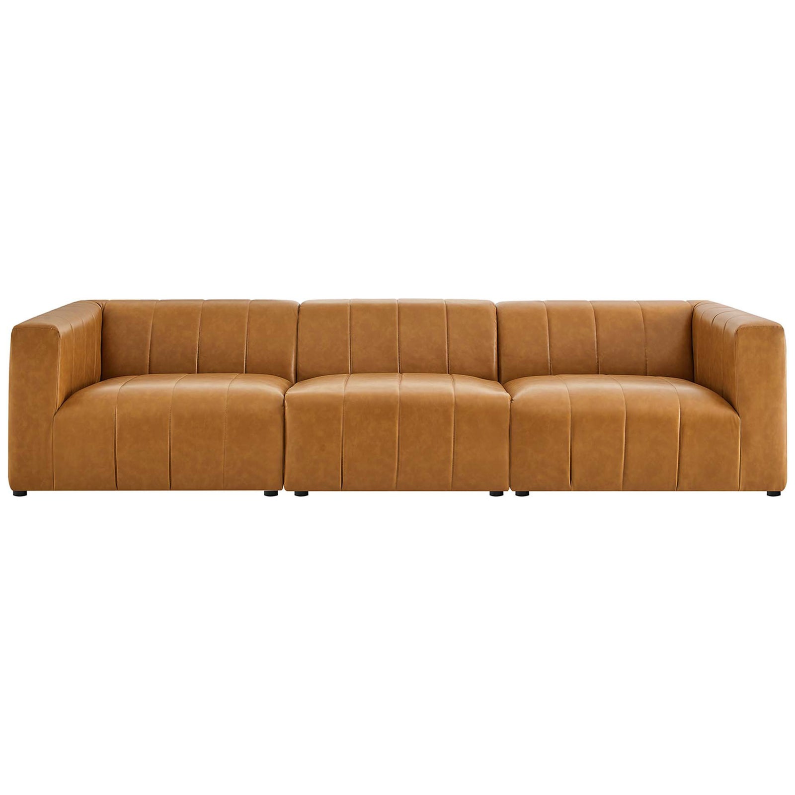 Tan vegan leather 3-piece modular sofa with channel tufting and deep cushions for relaxed lounging || EEI-4515-TAN || front_studio