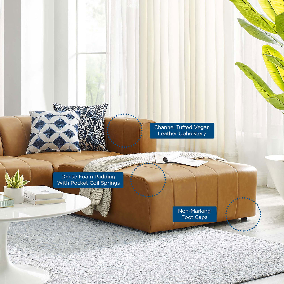 Bartlett tan vegan leather sectional in a bright living room with feature callouts for comfort details || EEI-4517-TAN || callout_room