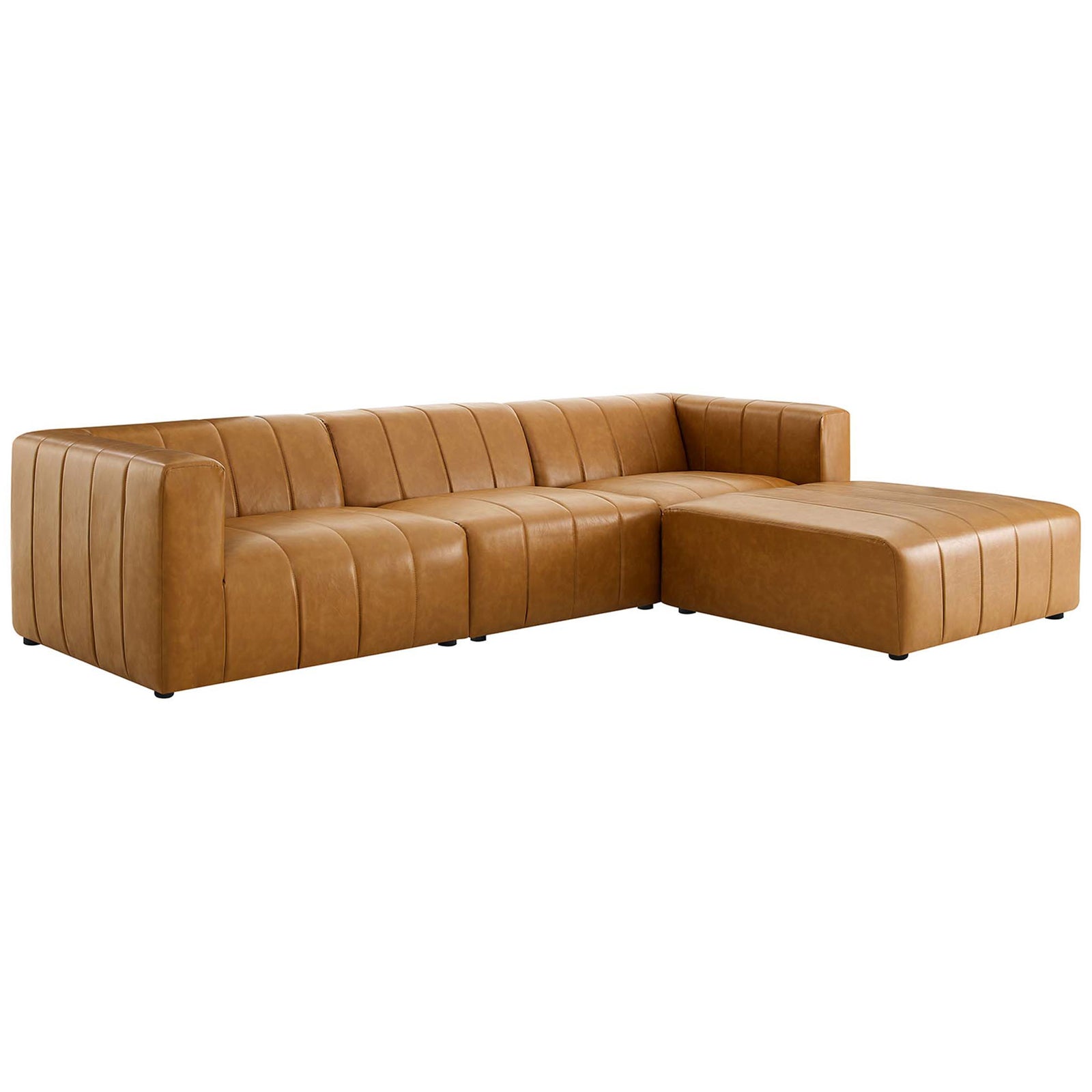 Tan vegan leather Bartlett sectional sofa with low profile and channel tufted cushions || EEI-4517-TAN || front_angle_studio