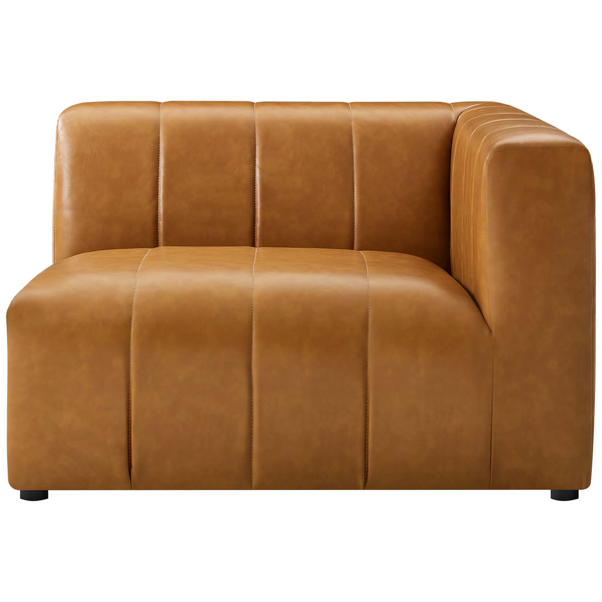 Tan Bartlett modular seat with one wide armrest and generously padded channel tufted cushions || EEI-4519-TAN || front_partial_studio