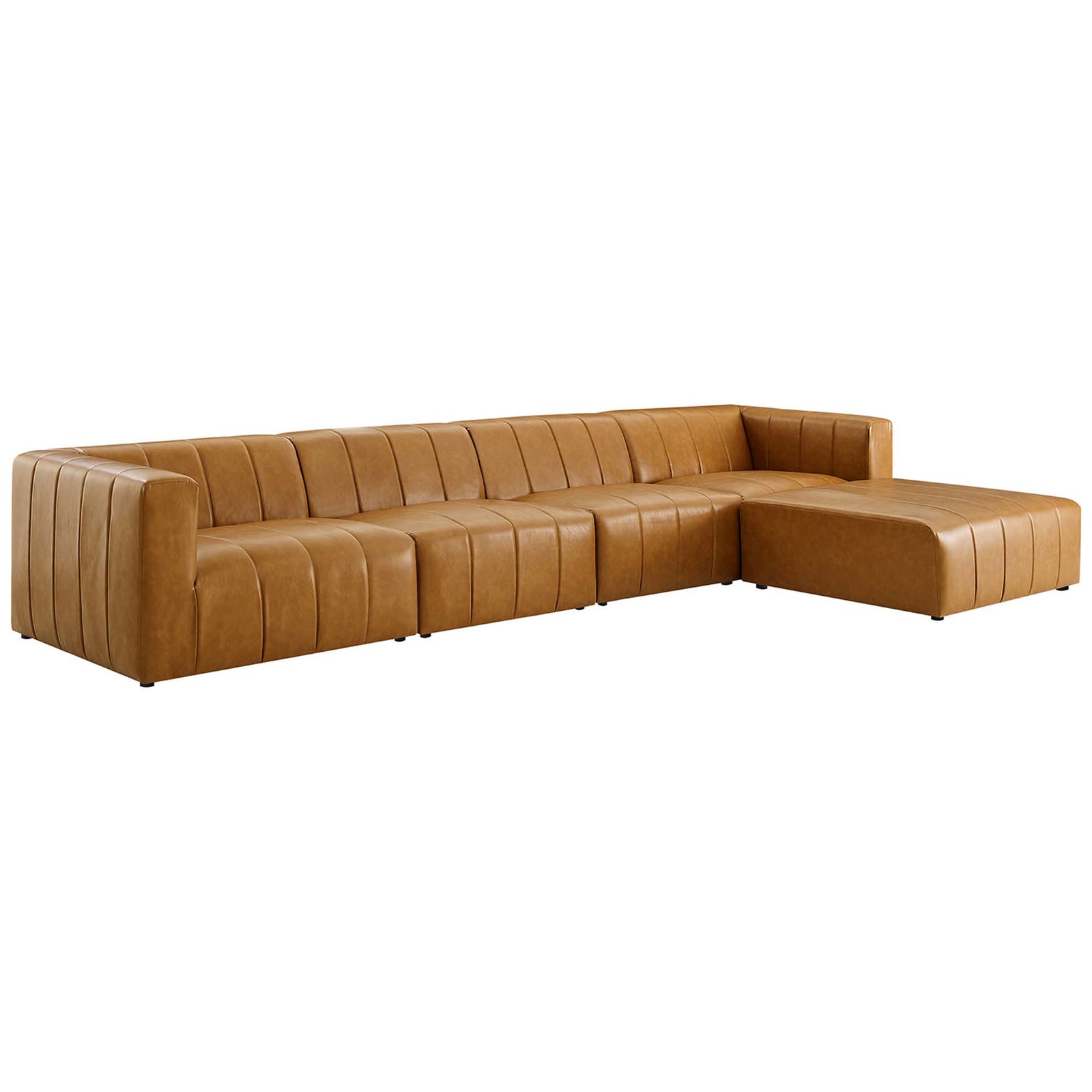 Tan vegan leather Bartlett 5-piece sectional with low profile seats and channel tufting || EEI-4521-TAN || front_angle_studio