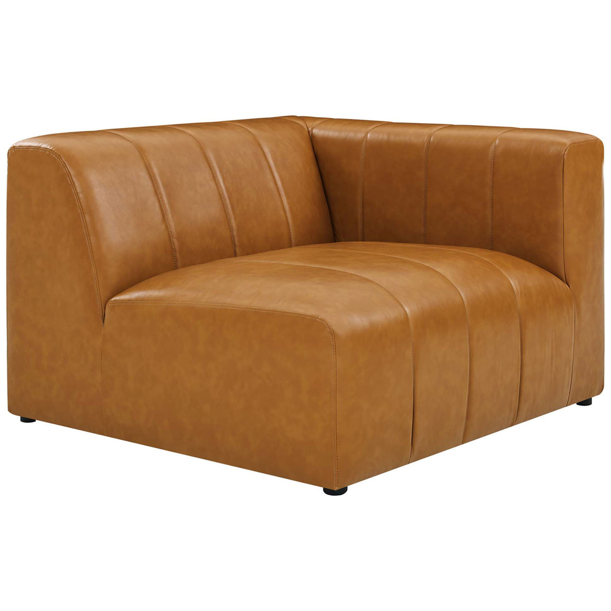 Tan vegan leather modular corner seat with plush channel tufting and rounded silhouette || EEI-4521-TAN || front_angle_partial_studio
