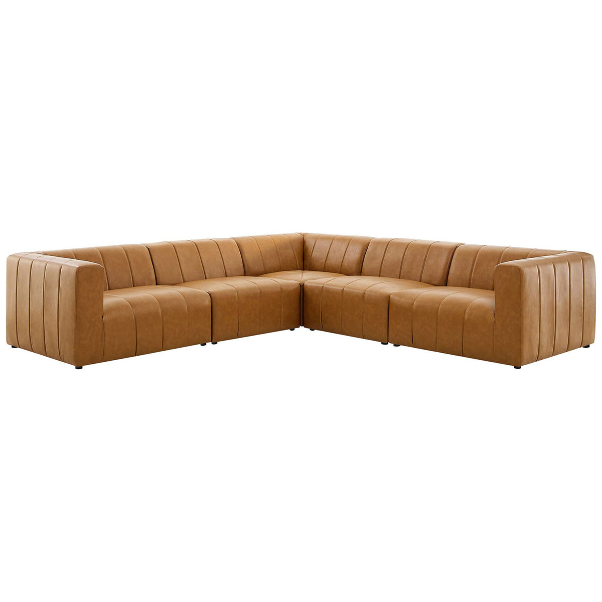 Tan Bartlett 5 piece vegan leather sectional sofa with low profile silhouette and channel tufted cushions || EEI-4532-TAN || front_angle_studio